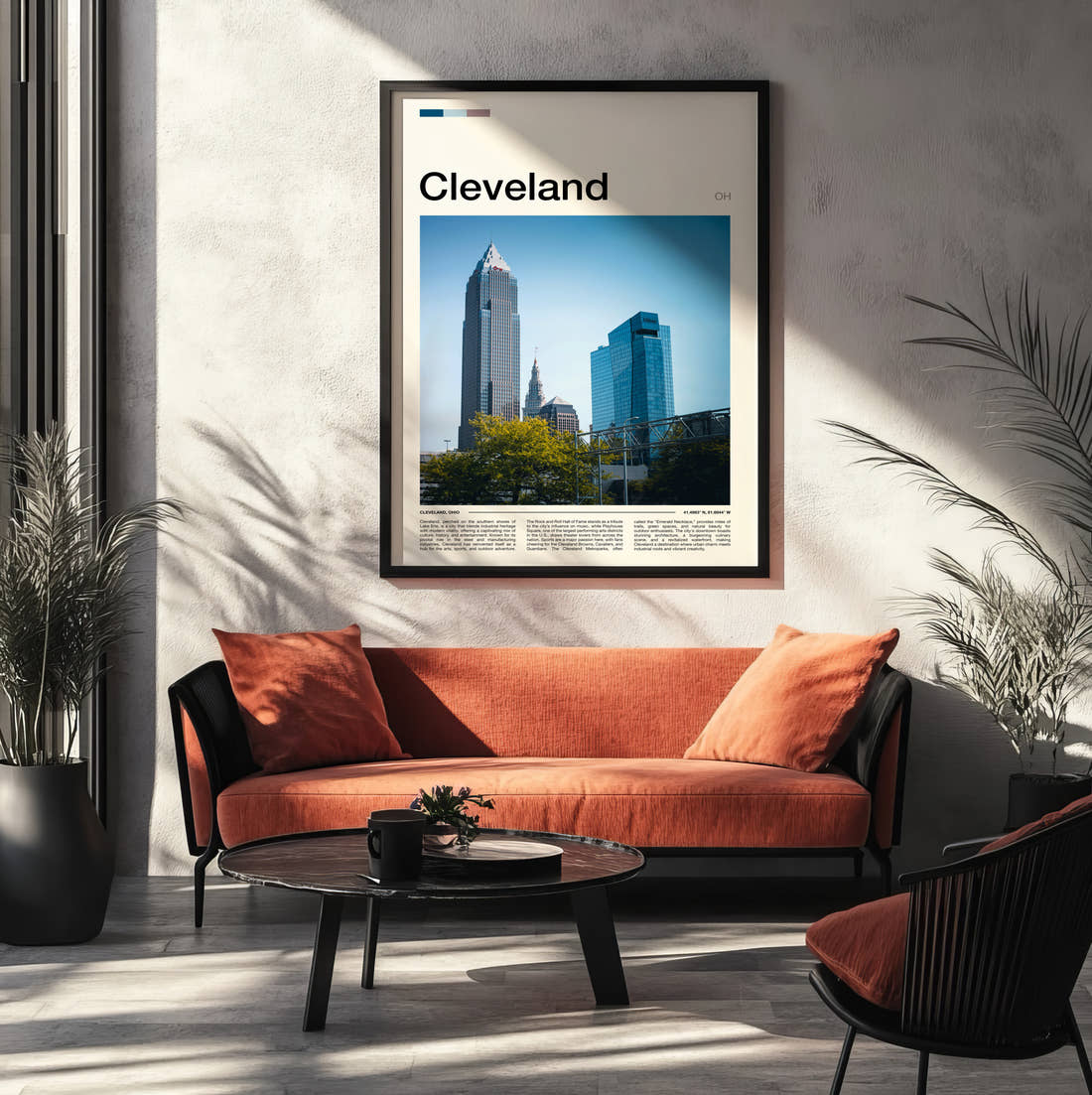 Cleveland Skyscrapers Travel Print framed on the wall of a modern living room