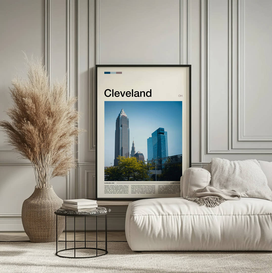 Cleveland Skyscrapers Travel Print framed on the wall of a calm, neutral bedroom