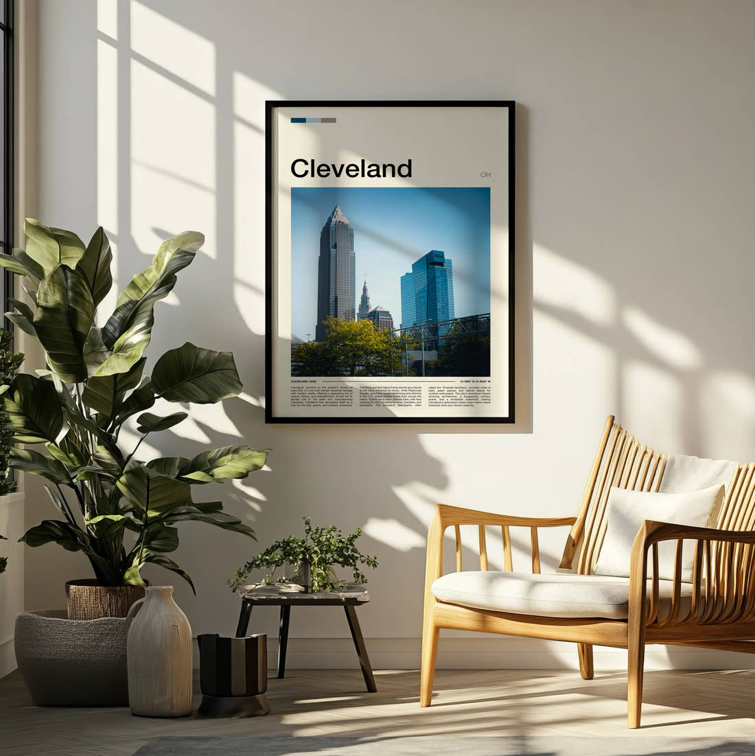 Cleveland Skyscrapers Travel Print framed on a pale wall beside houseplants