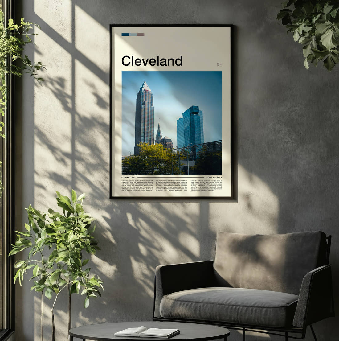 Cleveland Skyscrapers Travel Print framed on the wall of a relaxed living room