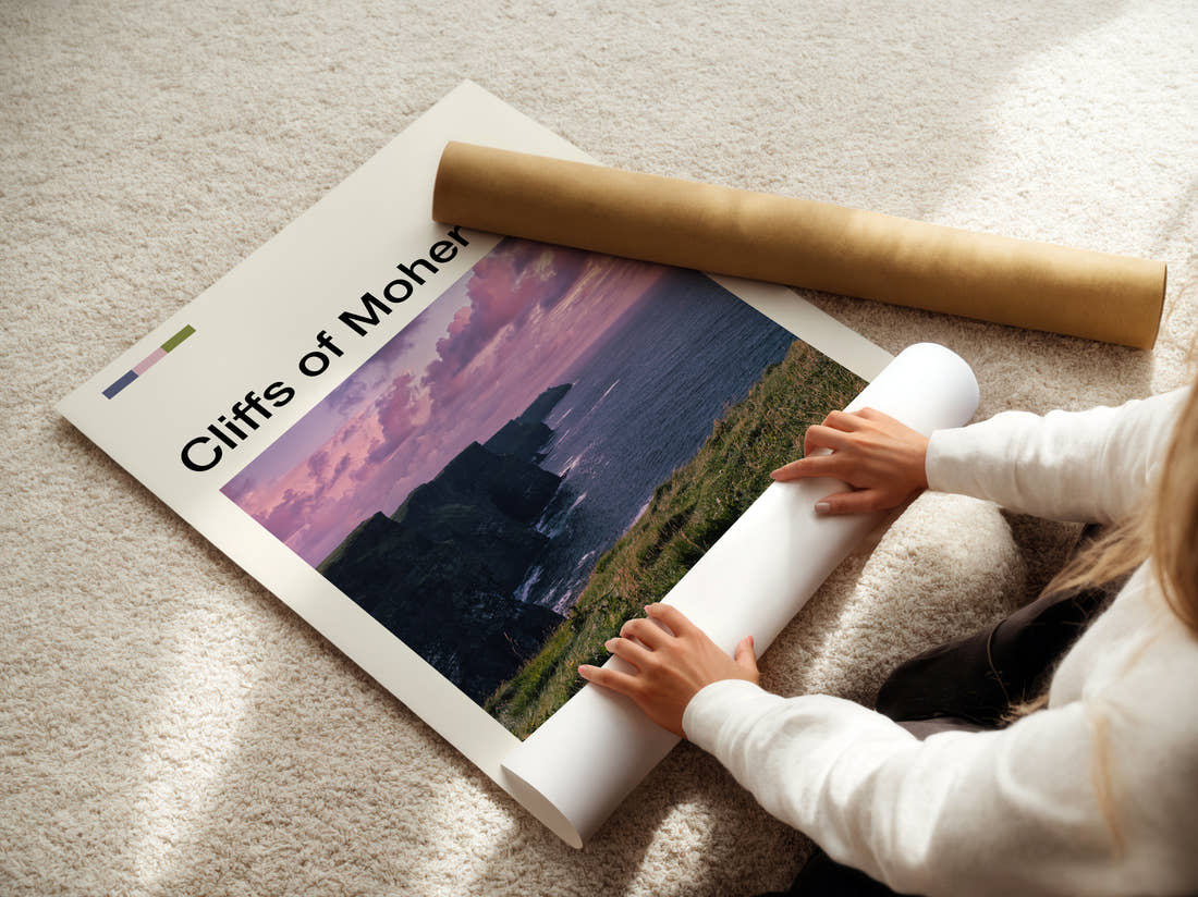 Cliffs Of Moher Sea Cliffs At Dusk Travel Print being unrolled from its postal tube