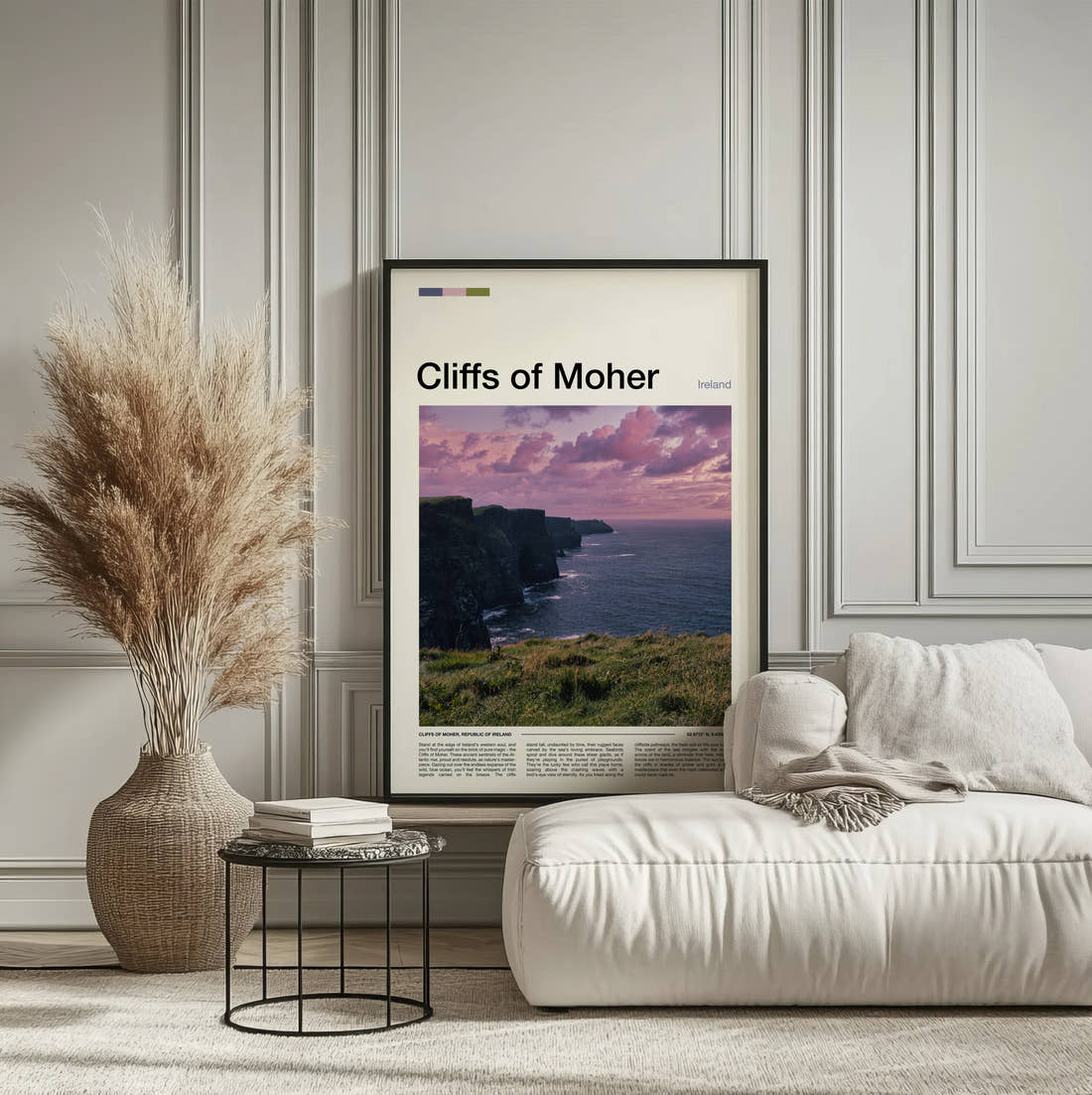 Cliffs Of Moher Sea Cliffs At Dusk Travel Print framed on the wall of a calm, neutral bedroom