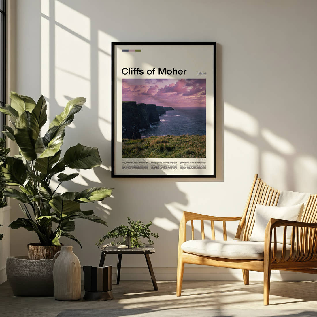 Cliffs Of Moher Sea Cliffs At Dusk Travel Print framed on a pale wall beside houseplants