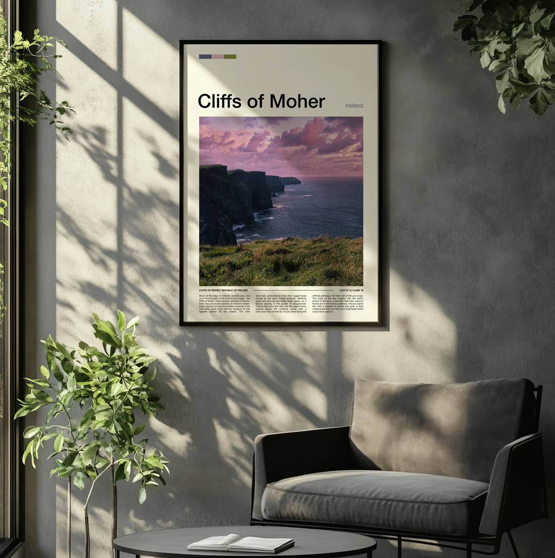 Cliffs Of Moher Sea Cliffs At Dusk Travel Print framed on the wall of a relaxed living room