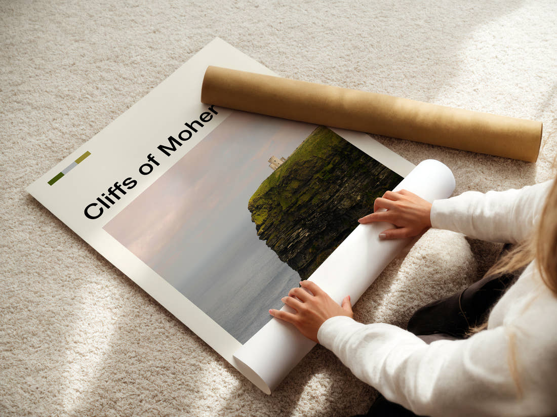 Cliffs Of Moher Cliff Edge Travel Print being unrolled from its postal tube