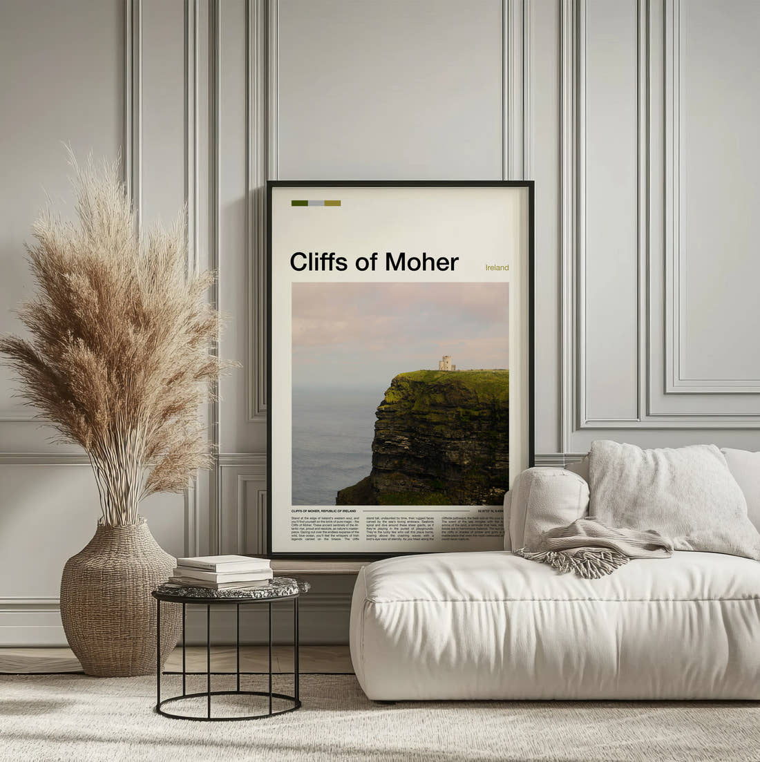 Cliffs Of Moher Cliff Edge Travel Print framed on the wall of a calm, neutral bedroom
