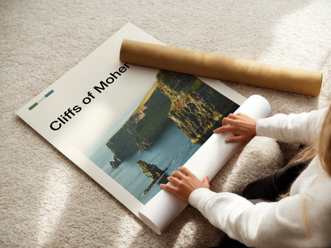 Cliffs Of Moher Sea Stack Below The Cliffs Travel Print being unrolled from its postal tube
