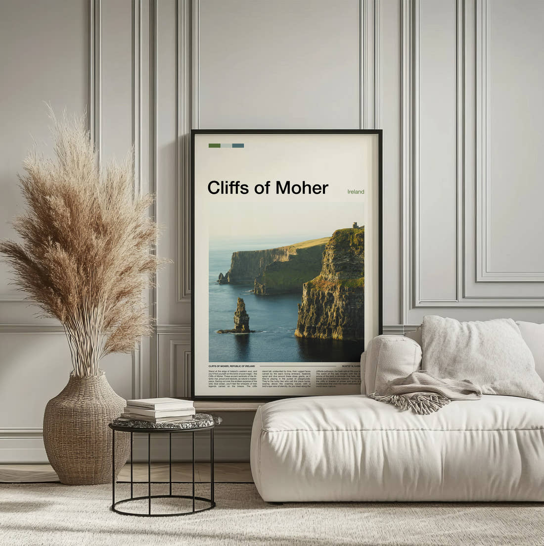 Cliffs Of Moher Sea Stack Below The Cliffs Travel Print framed on the wall of a calm, neutral bedroom