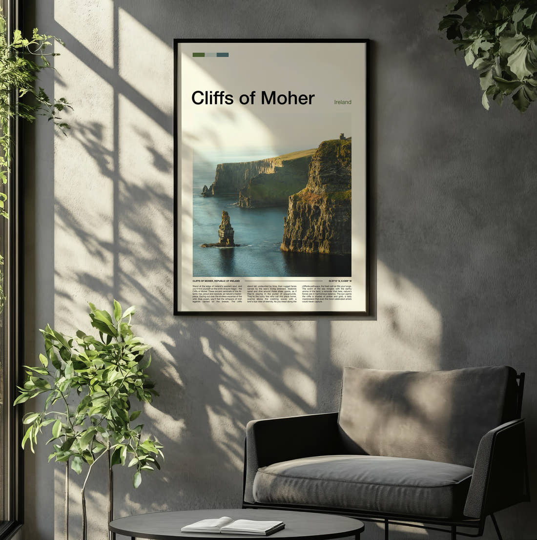 Cliffs Of Moher Sea Stack Below The Cliffs Travel Print framed on the wall of a relaxed living room