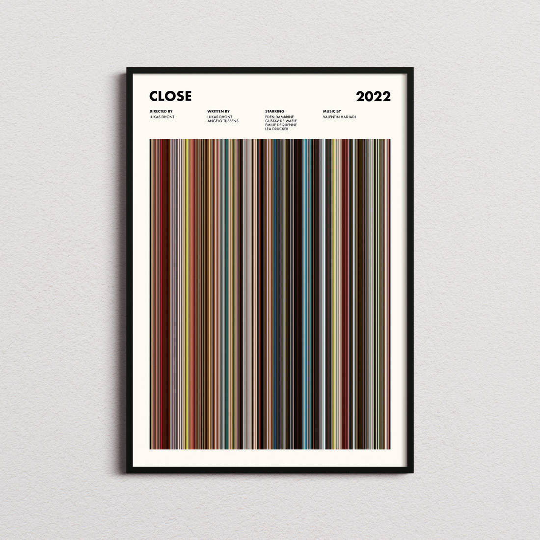 Close Movie Barcode Poster framed on a plain studio wall