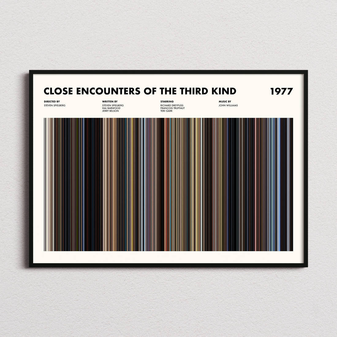 Close Encounters of the Third Kind Movie Barcode Poster framed and photographed straight on