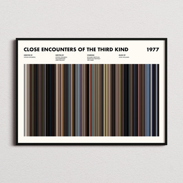 Close Encounters of the Third Kind Movie Barcode Poster framed and photographed straight on