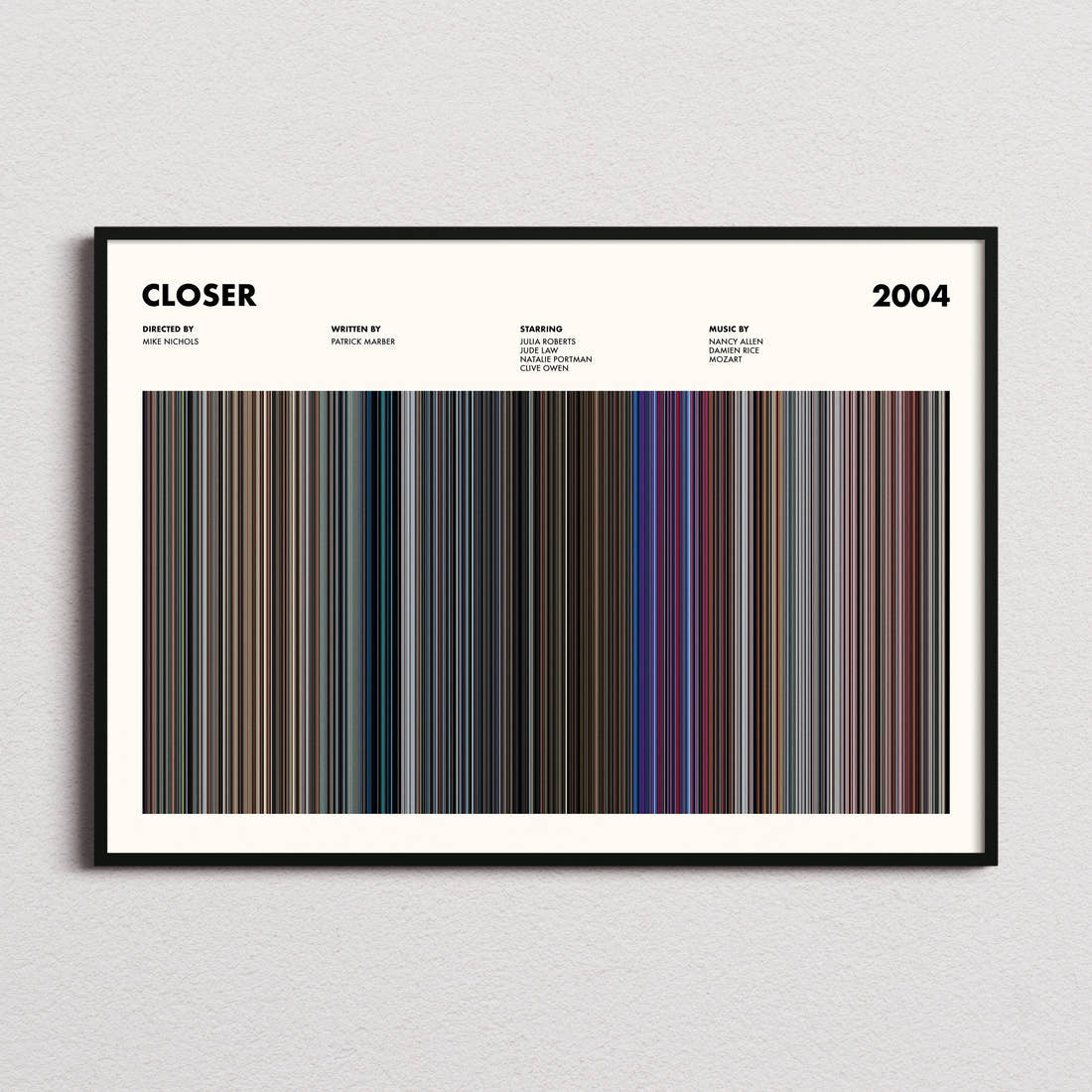 Closer Movie Barcode Poster framed and photographed straight on