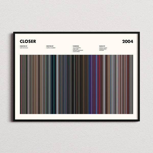 Closer Movie Barcode Poster framed and photographed straight on
