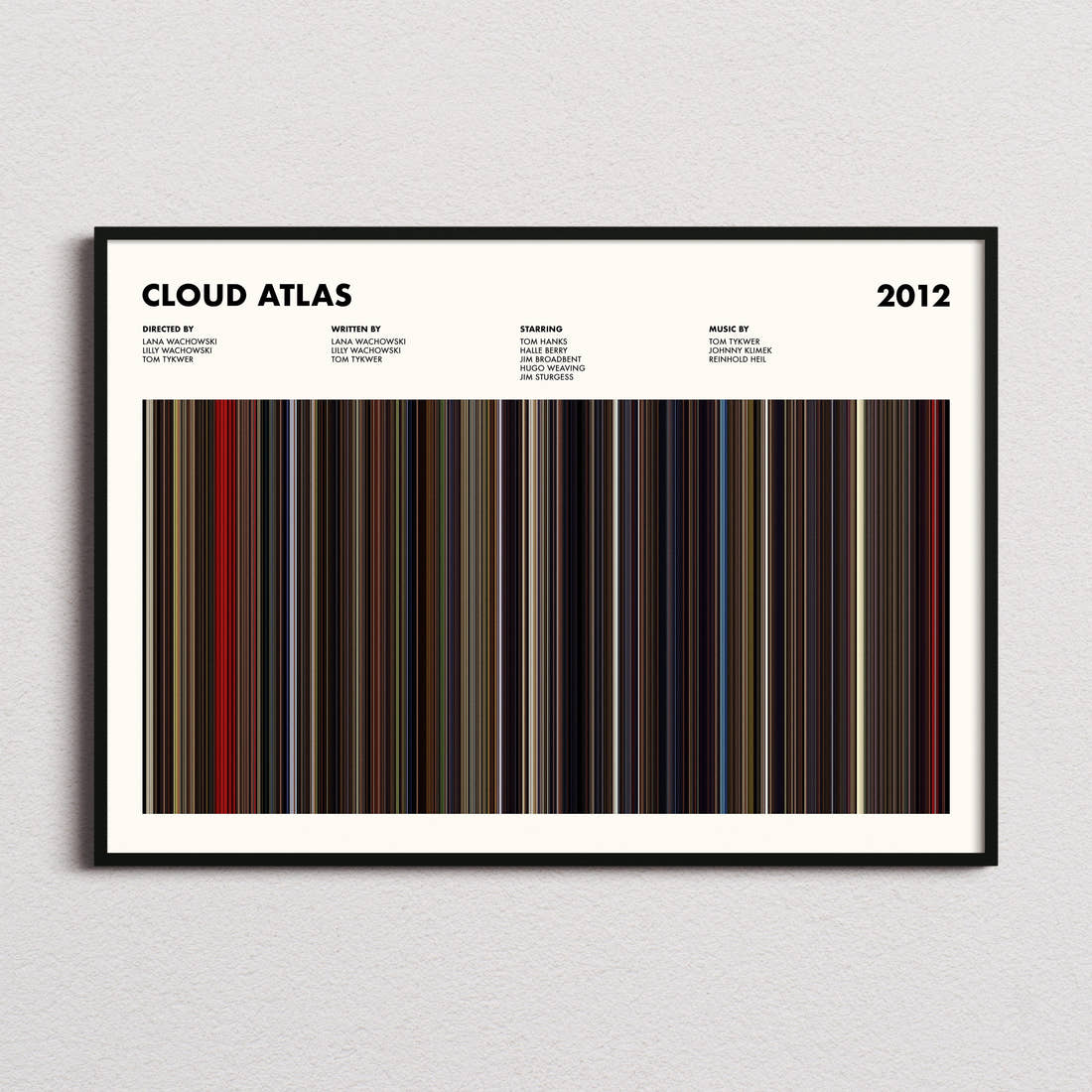 Cloud Atlas Movie Barcode Poster framed and photographed straight on