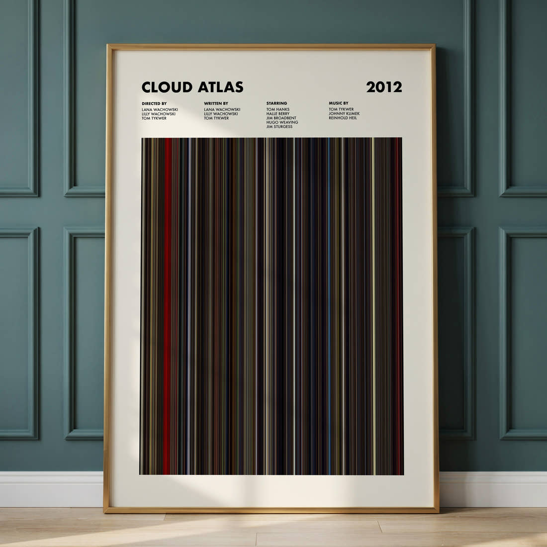 Cloud Atlas Movie Barcode Poster framed and leaning against a panelled wall
