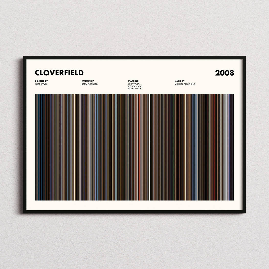 Cloverfield Movie Barcode Poster framed and photographed straight on