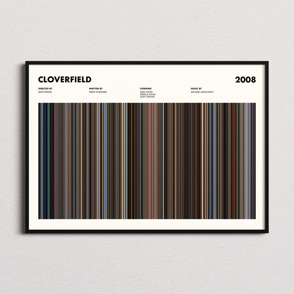 Cloverfield Movie Barcode Poster framed and photographed straight on