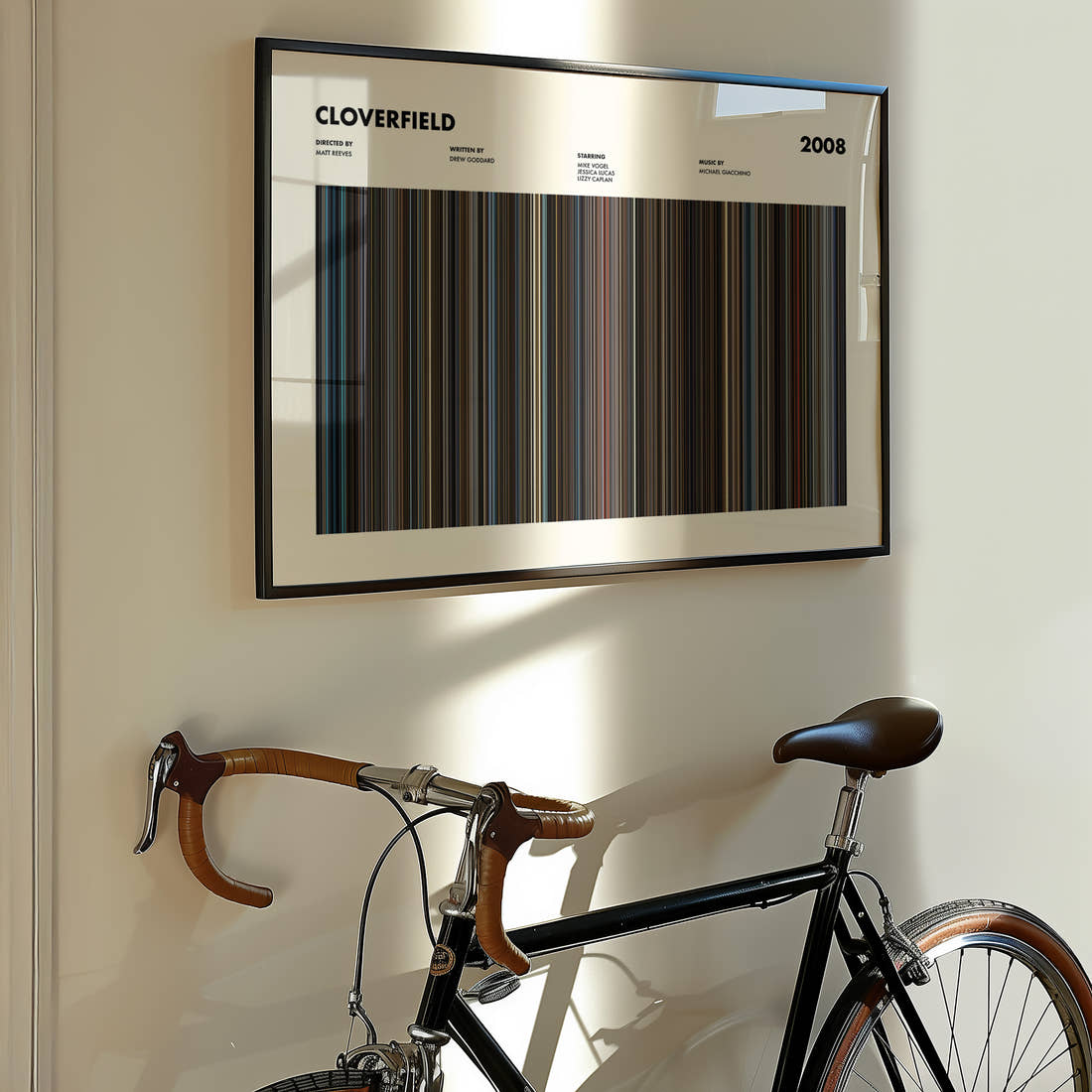 Cloverfield Movie Barcode Poster framed on the wall of a styled room setting