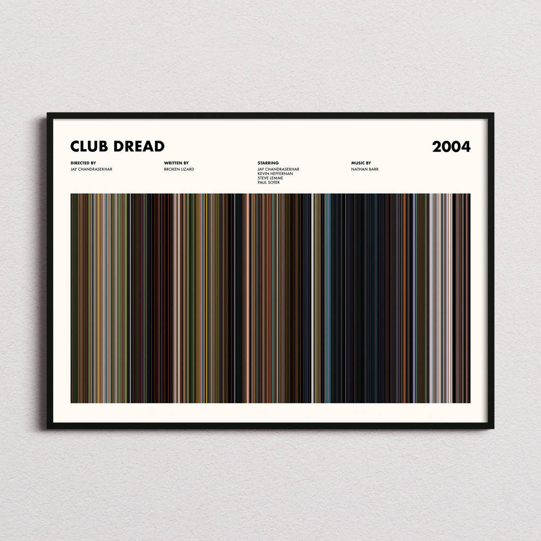 Club Dread Movie Barcode Poster framed and photographed straight on