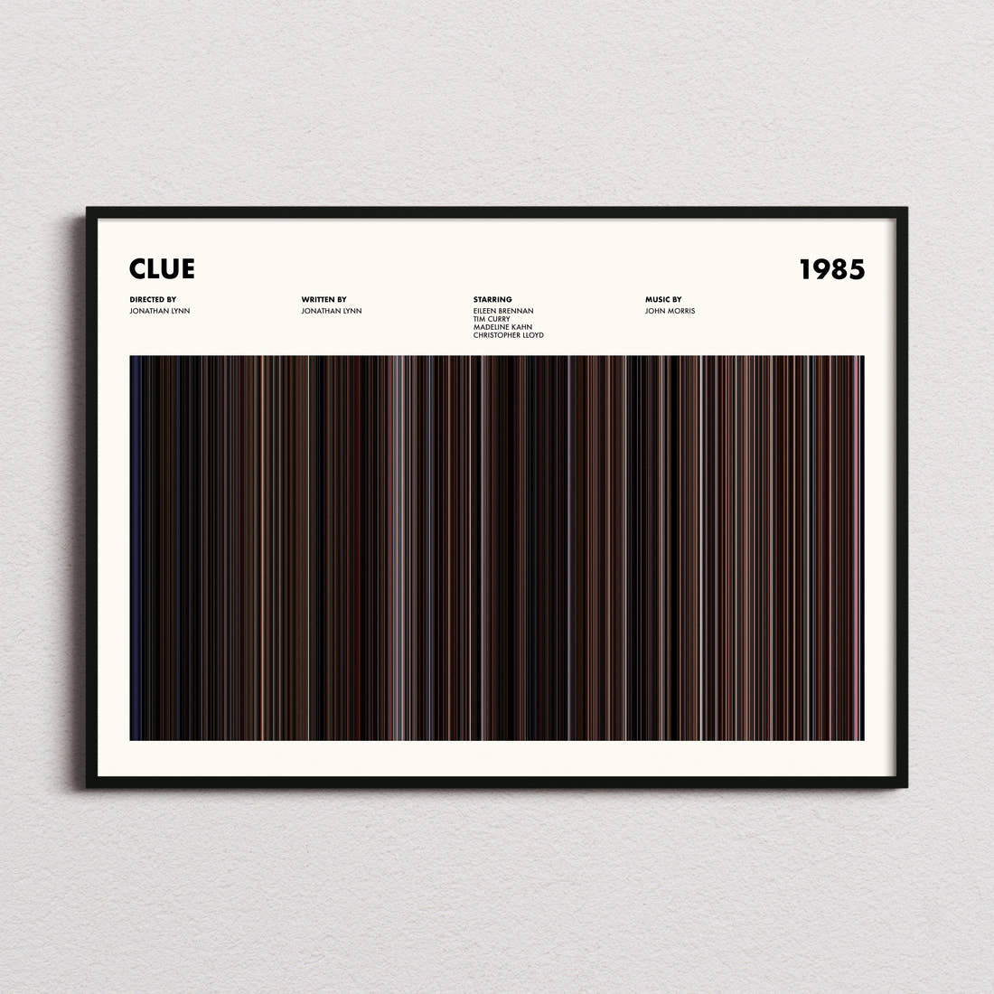 Clue Movie Barcode Poster framed and photographed straight on