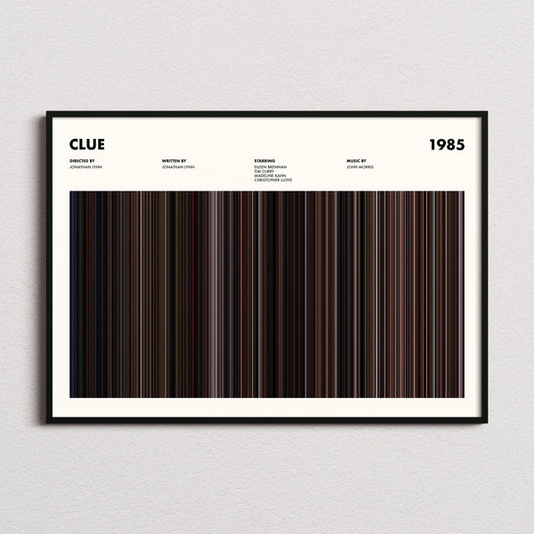 Clue Movie Barcode Poster framed and photographed straight on