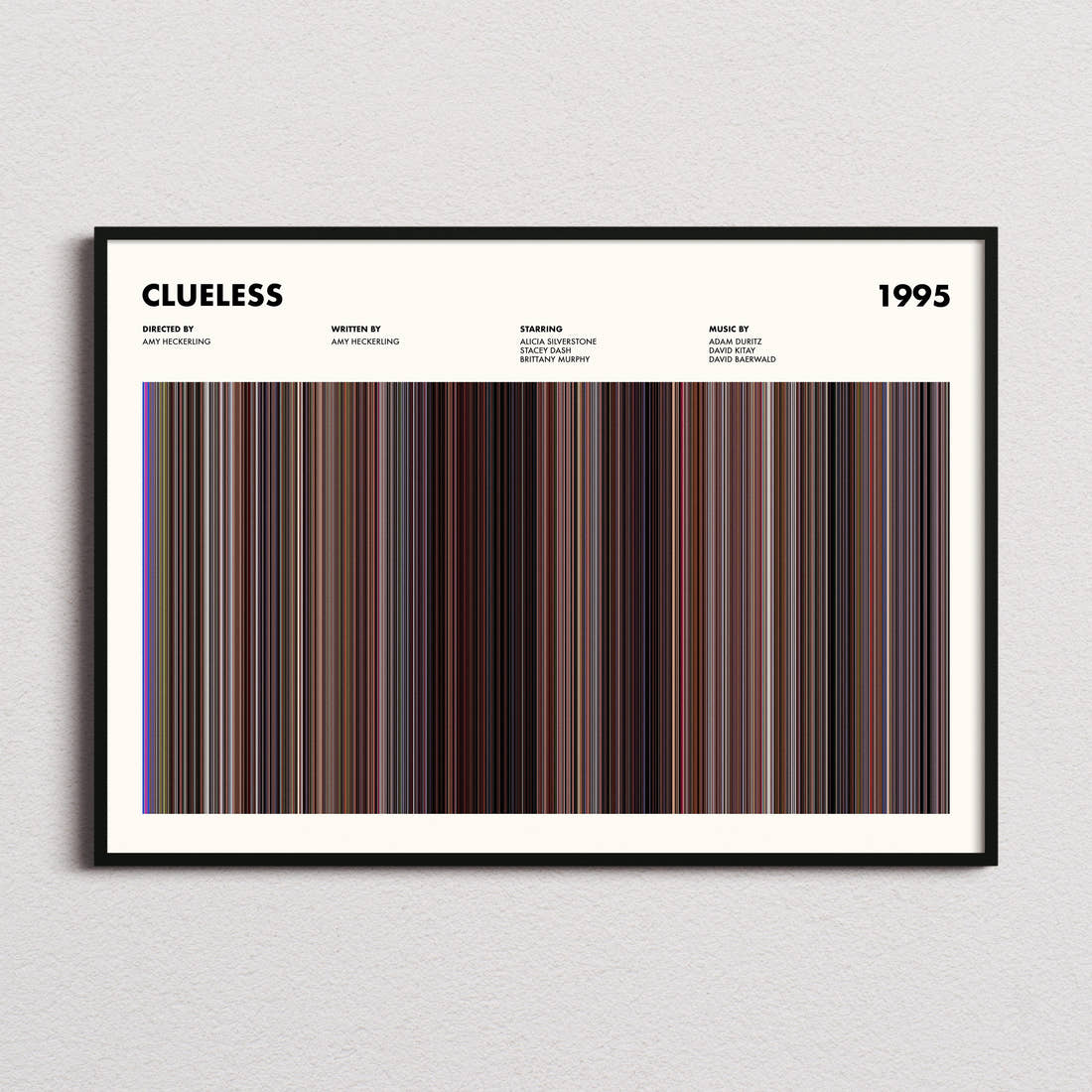 Clueless Movie Barcode Poster framed and photographed straight on