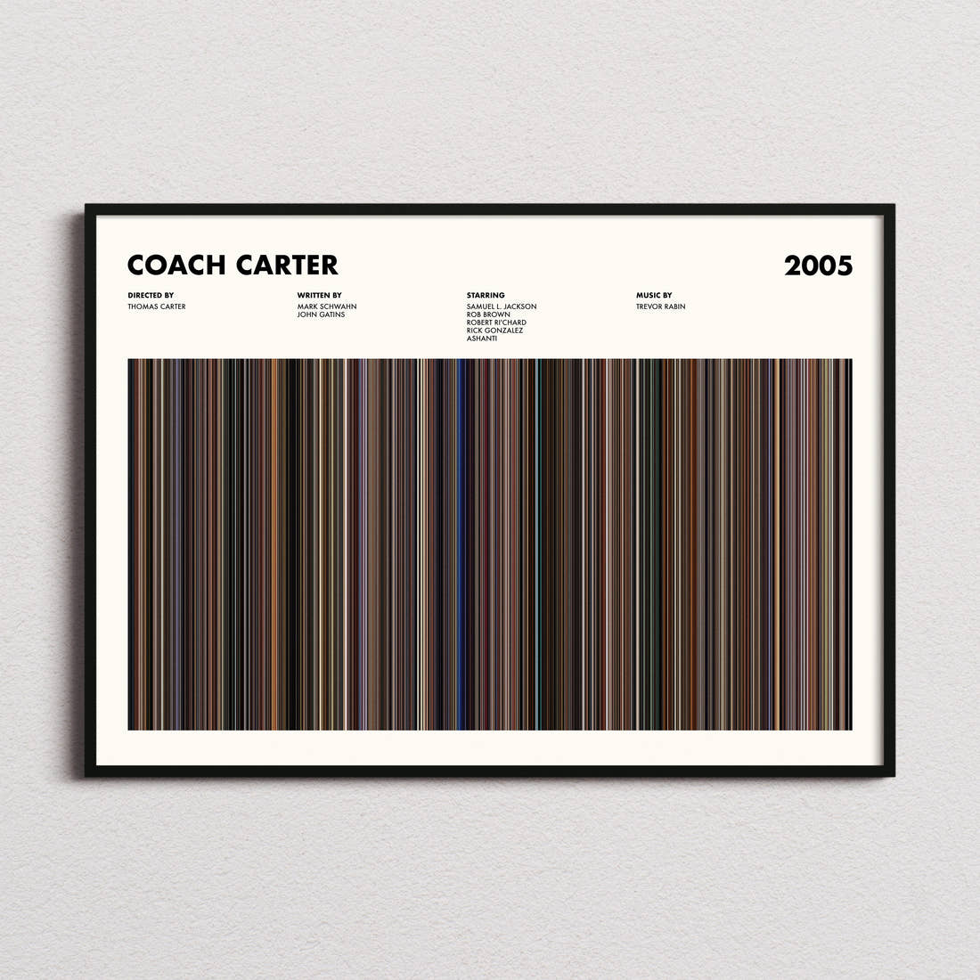 Coach Carter Movie Barcode Poster framed and photographed straight on