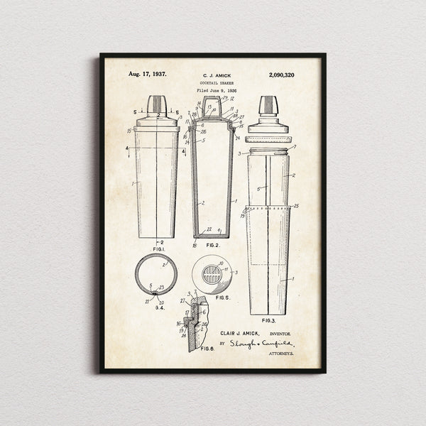 Cocktail Shaker Patent Print in the aged paper colourway, framed