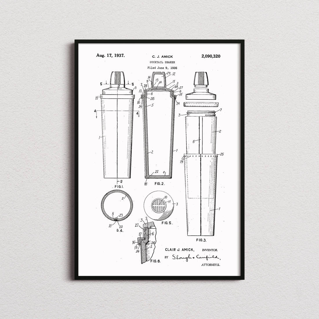 Cocktail Shaker Patent Print in the white colourway, framed