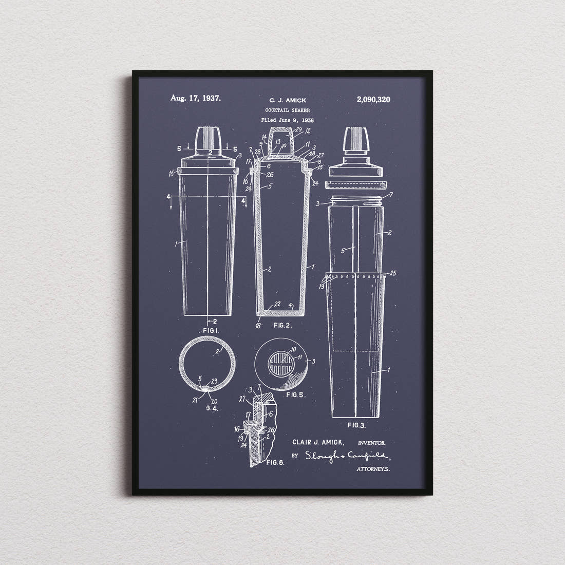 Cocktail Shaker Patent Print in the navy colourway, framed