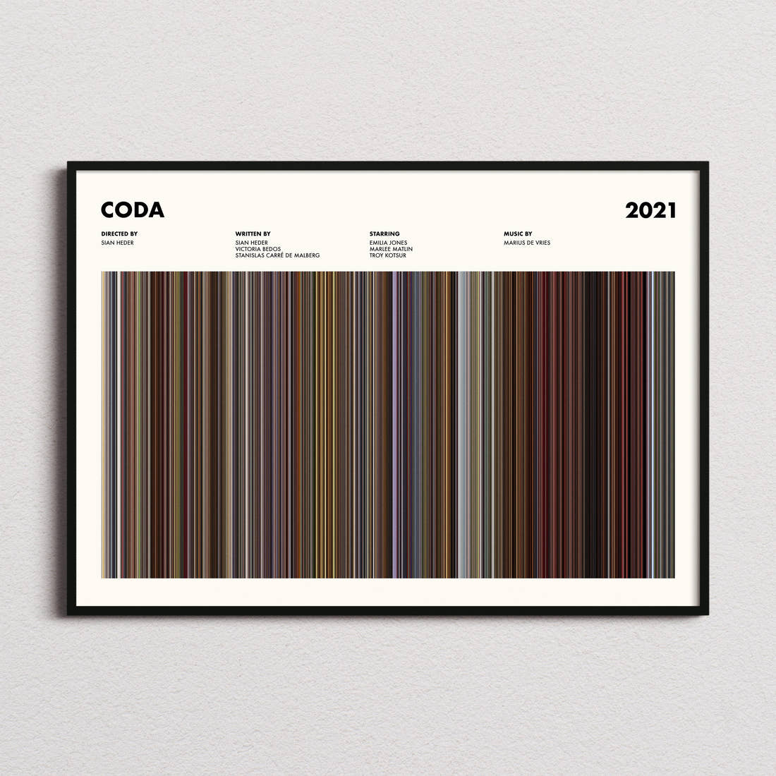 CODA Movie Barcode Poster framed and photographed straight on