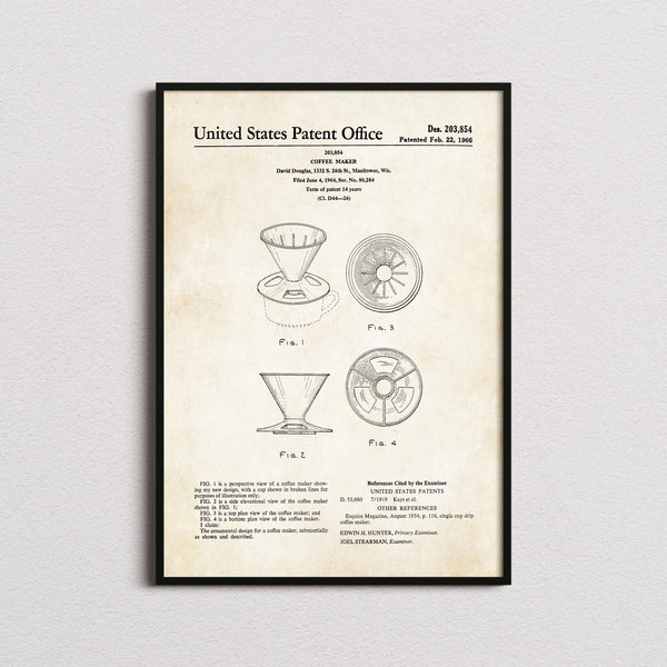 Coffee Maker V60 Dripper Patent Print in the aged paper colourway, framed