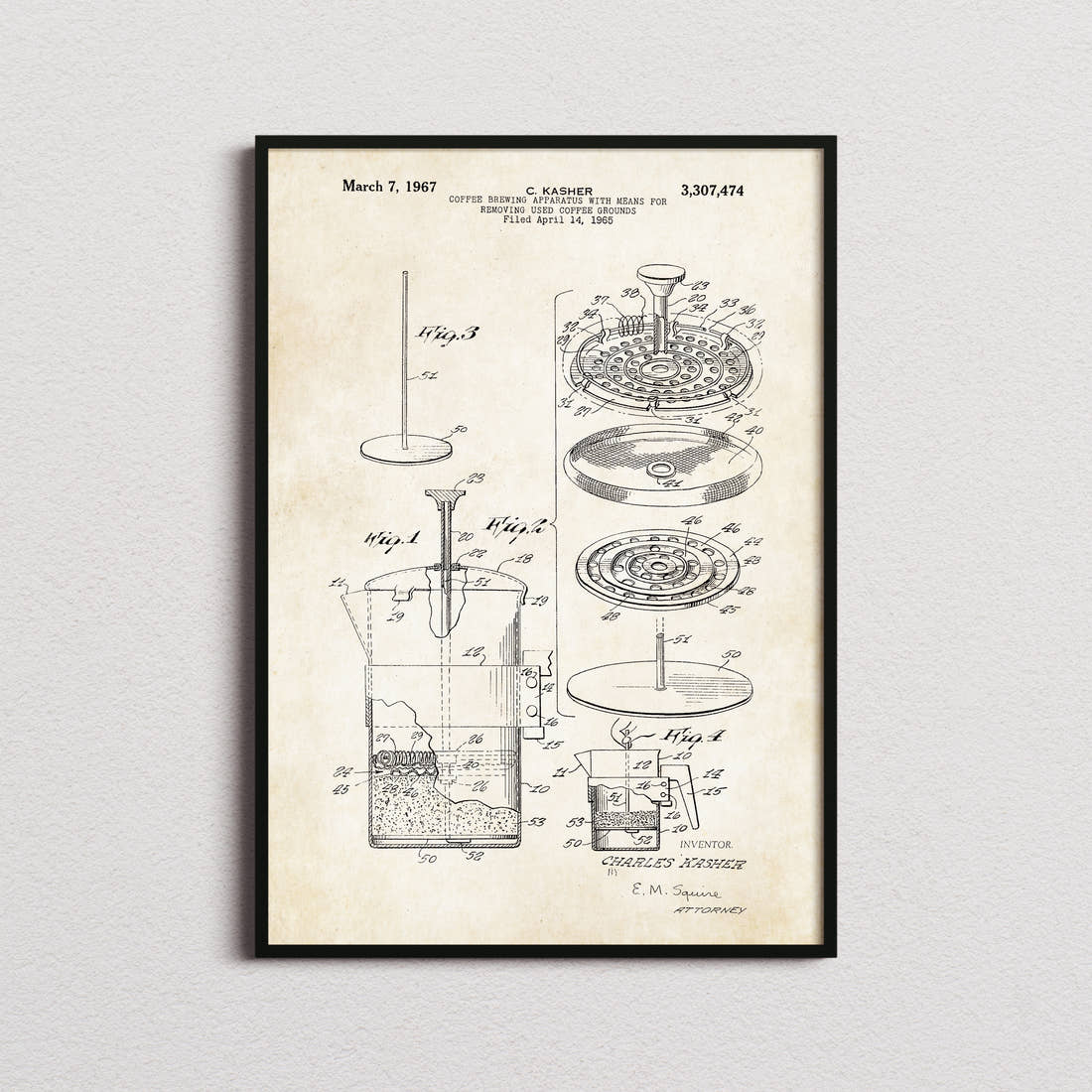 Coffee Press Patent Print in the aged paper colourway, framed