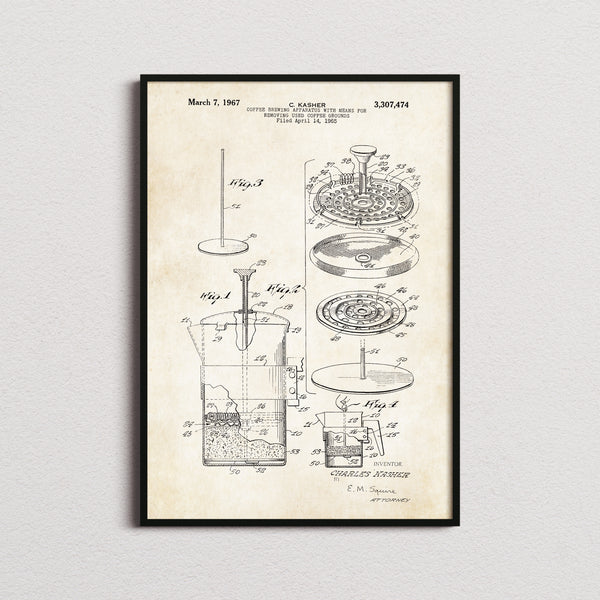 Coffee Press Patent Print in the aged paper colourway, framed