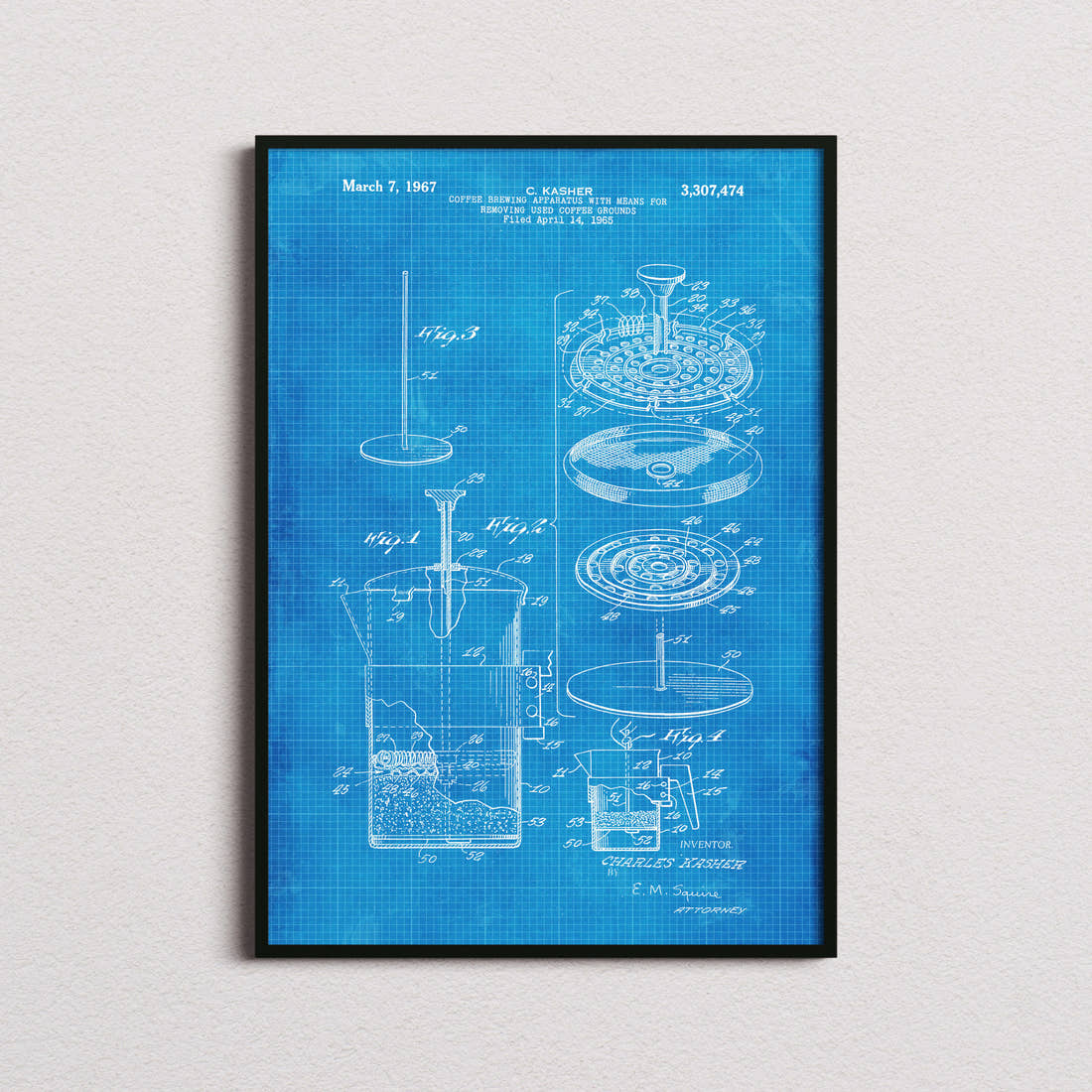 Coffee Press Patent Print in the blueprint colourway, framed