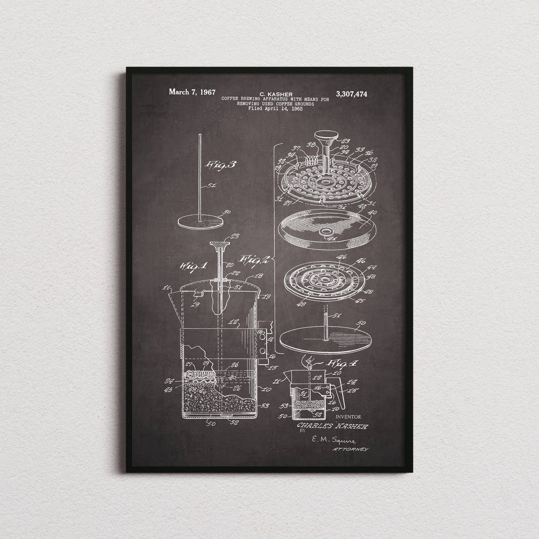 Coffee Press Patent Print in the blackboard colourway, framed