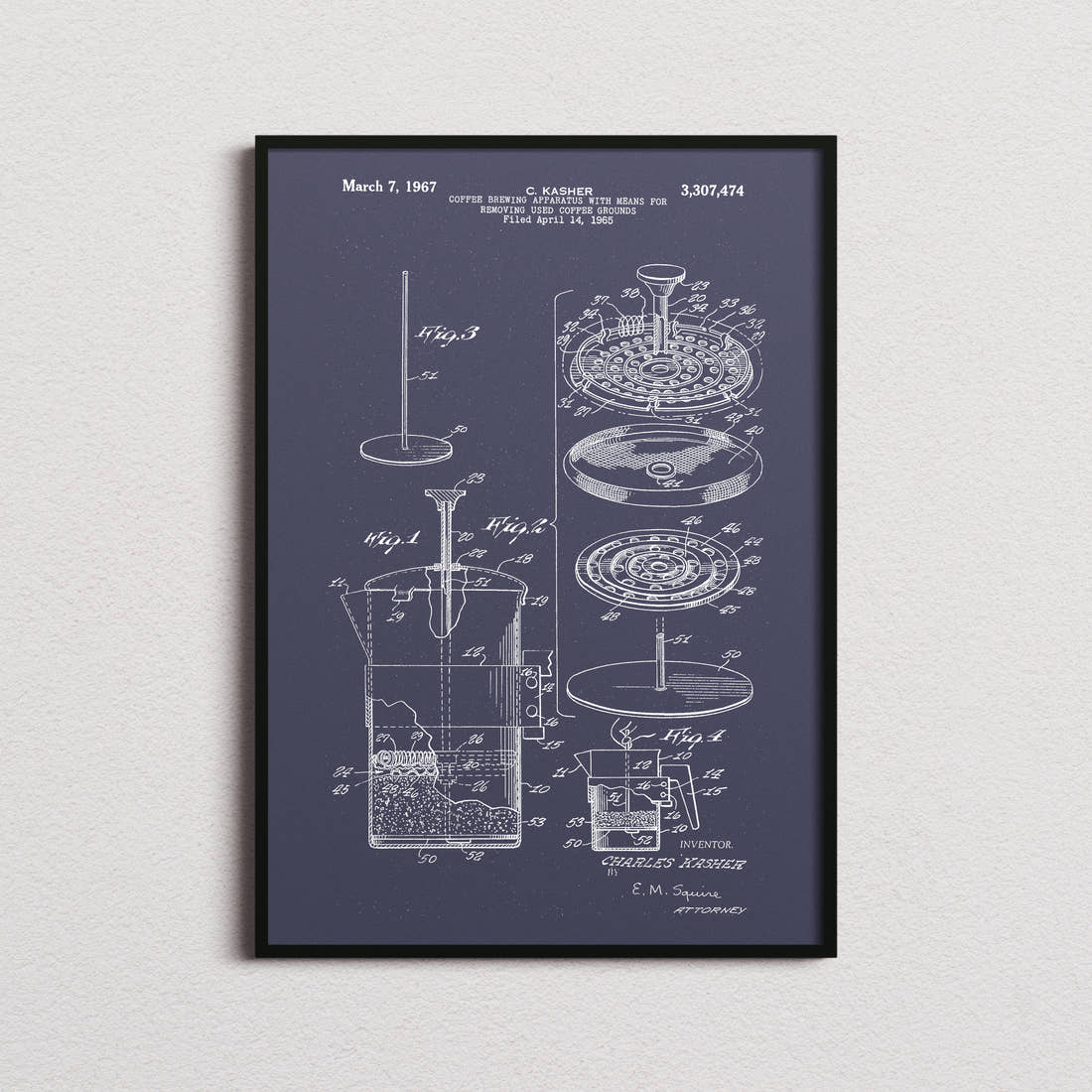 Coffee Press Patent Print in the navy colourway, framed