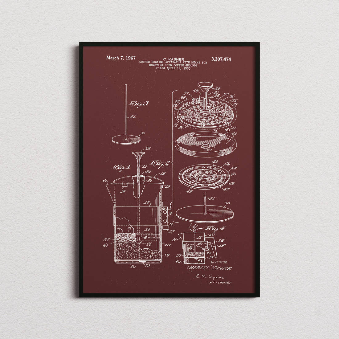 Coffee Press Patent Print in the burgundy colourway, framed
