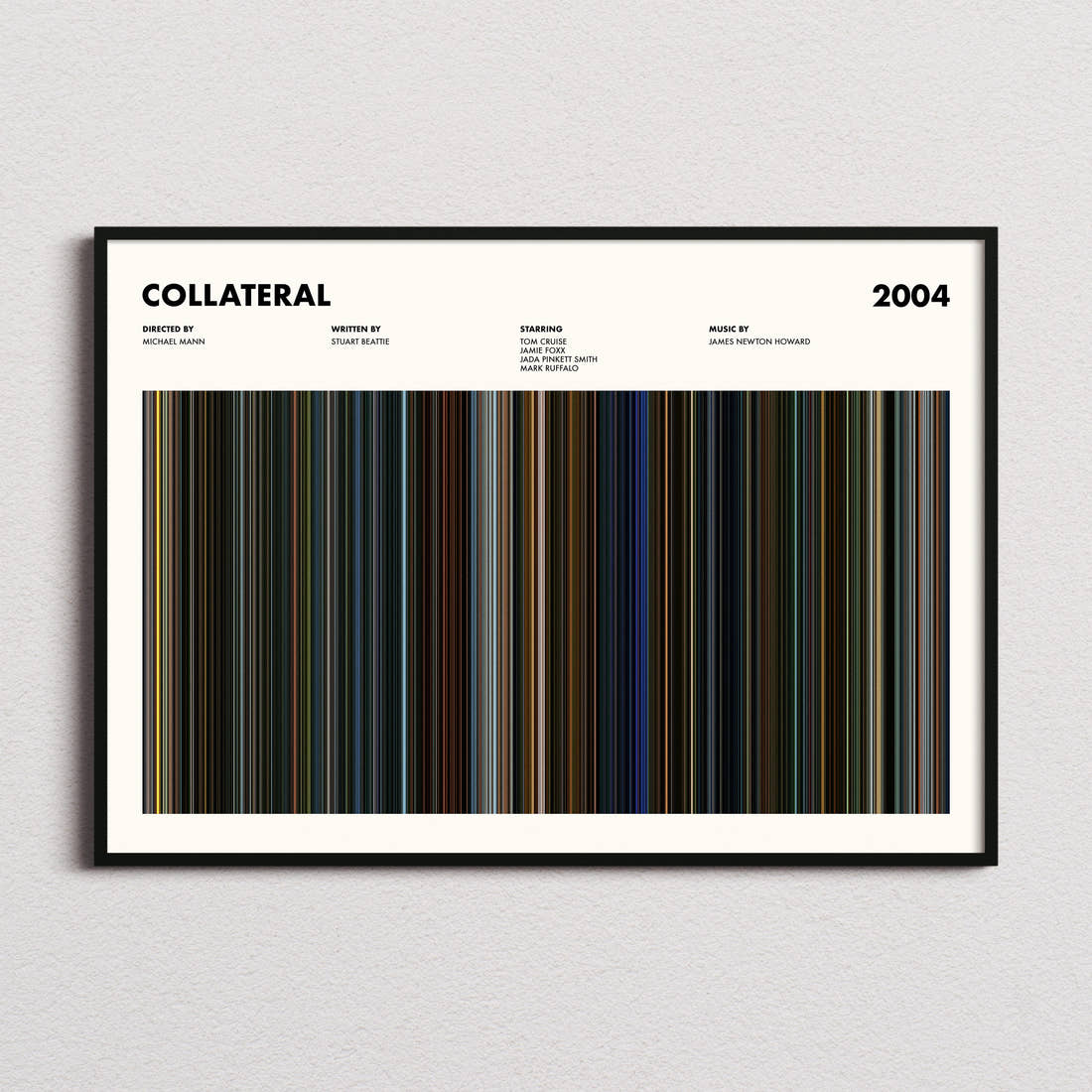 Collateral Movie Barcode Poster framed and photographed straight on