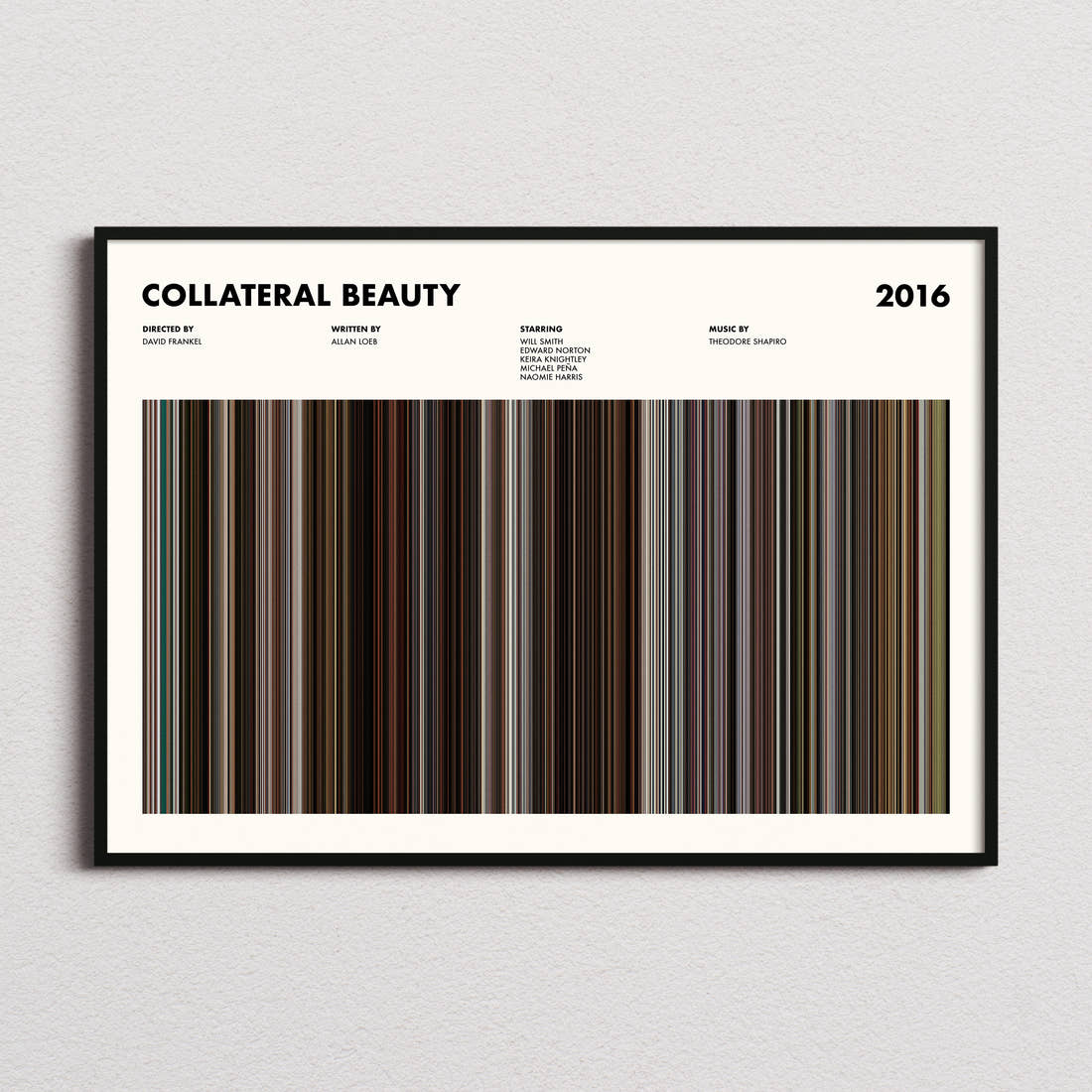 Collateral Beauty Movie Barcode Poster framed and photographed straight on