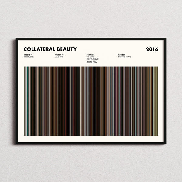 Collateral Beauty Movie Barcode Poster framed and photographed straight on