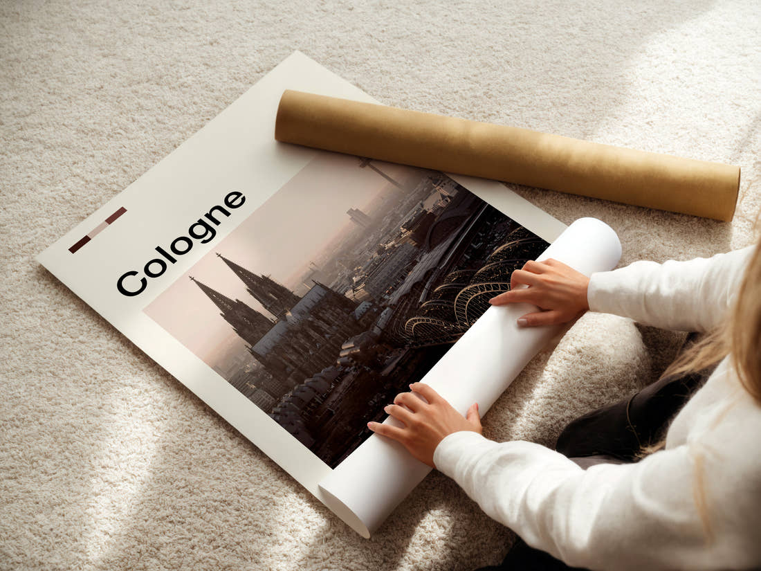 Cologne Cathedral Skyline View Travel Print being unrolled from its postal tube
