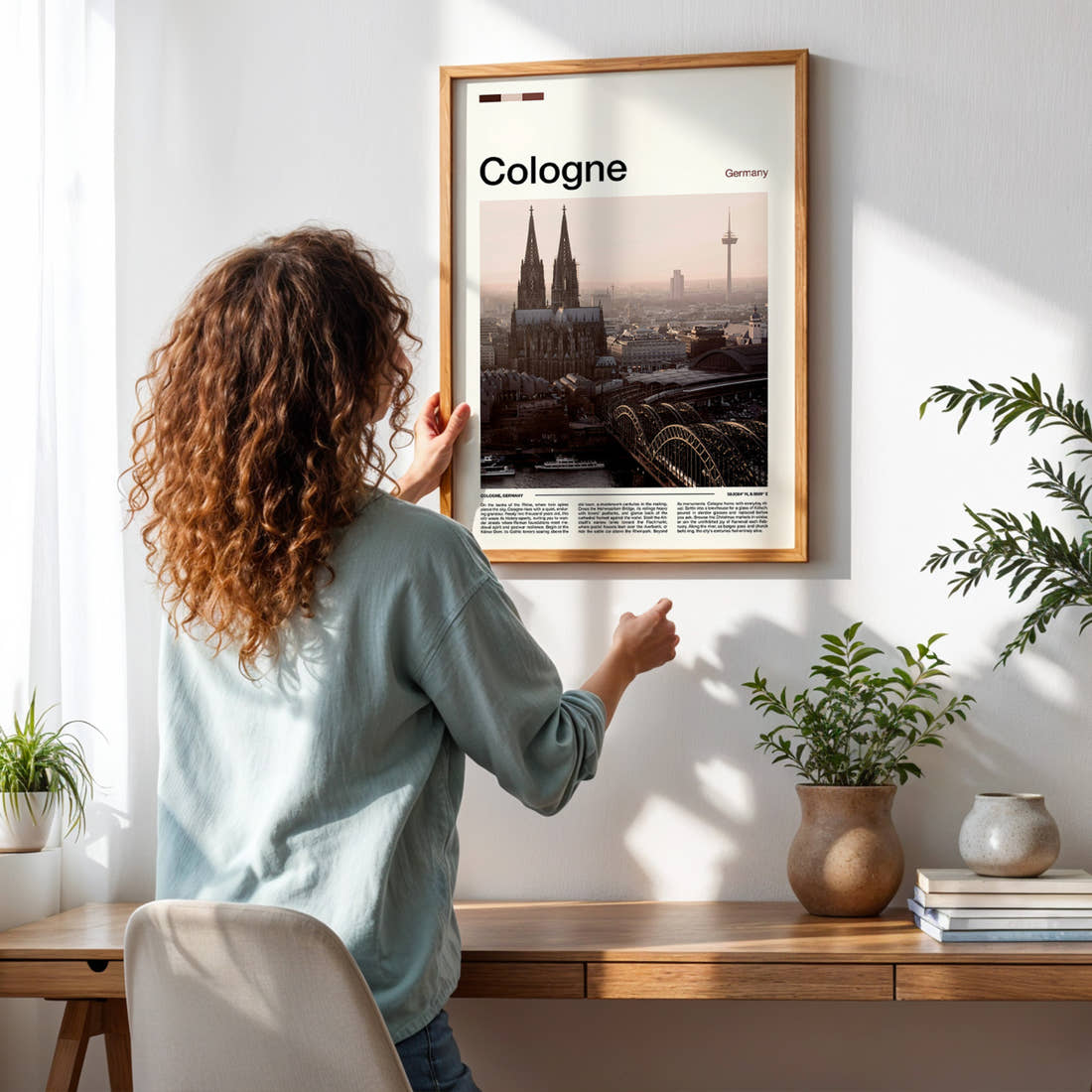 Cologne Cathedral Skyline View Travel Print framed on a pale wall beside houseplants