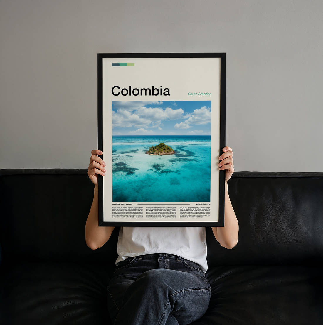 Colombia Tiny Island Travel Print held up by hand to show the size of the print