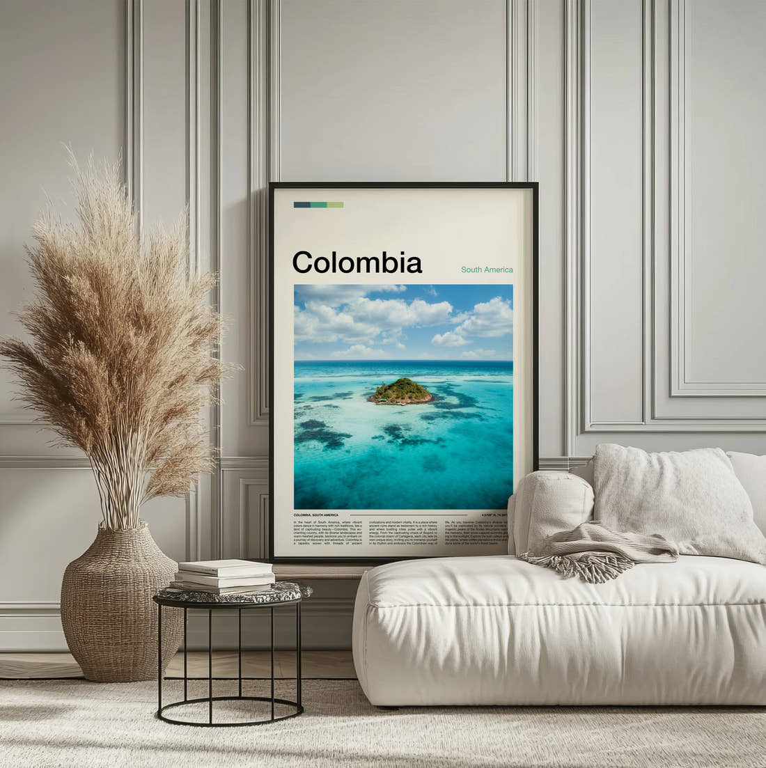 Colombia Tiny Island Travel Print framed on the wall of a calm, neutral bedroom