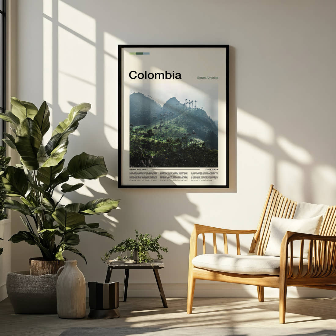 Colombia Wax Palms On The Hillside Travel Print framed on a pale wall beside houseplants