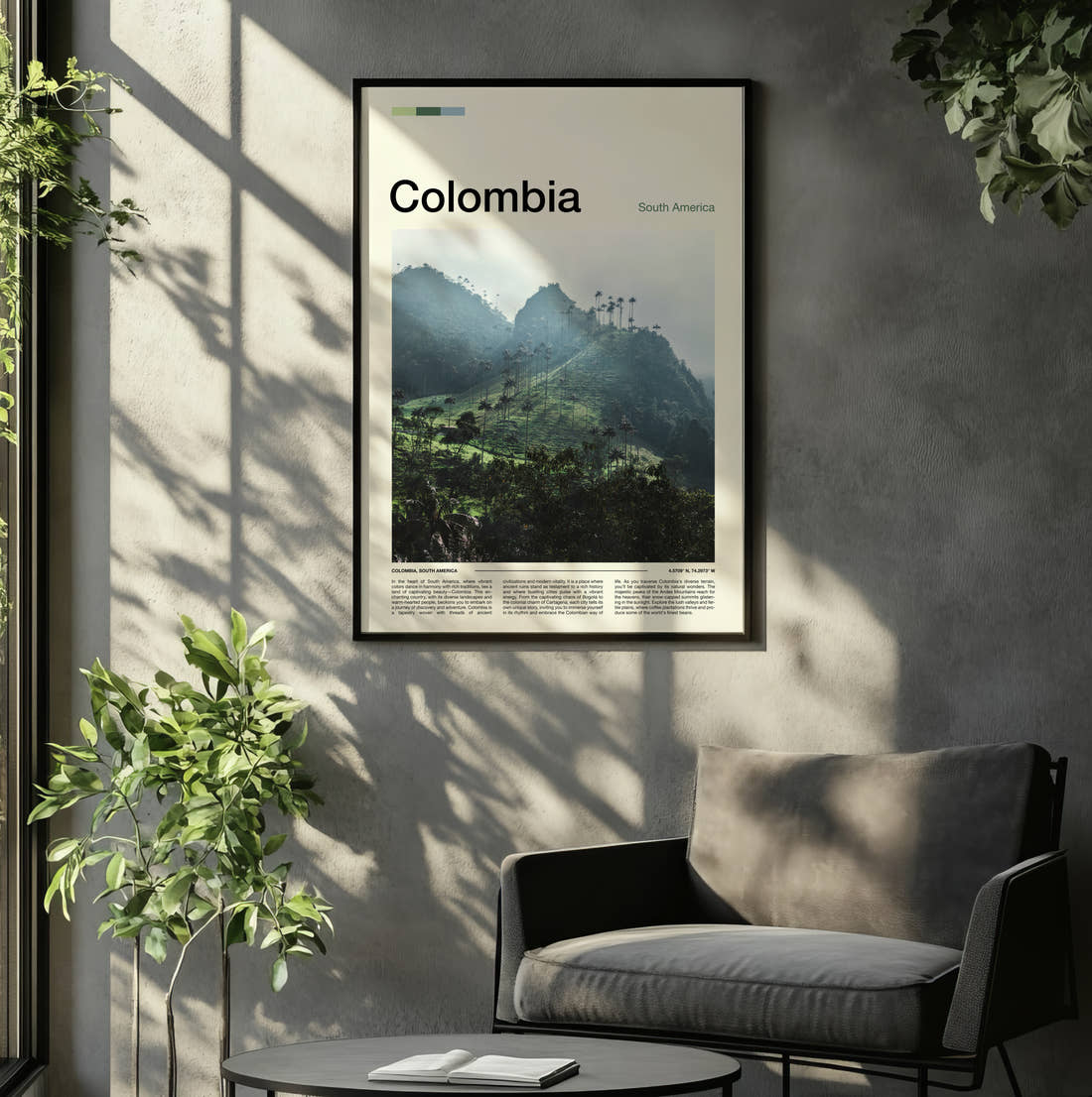 Colombia Wax Palms On The Hillside Travel Print framed on the wall of a relaxed living room