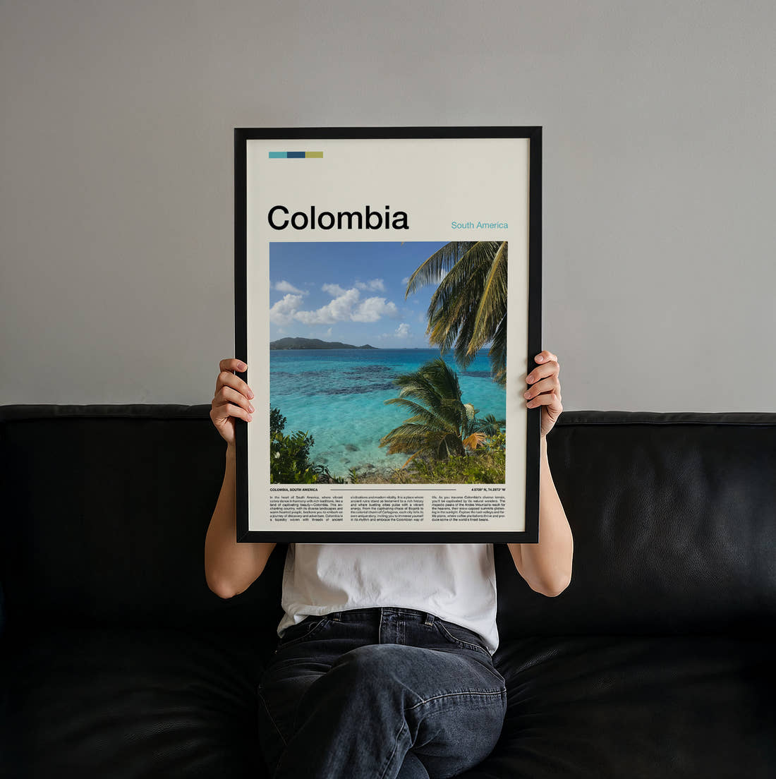 Colombia Palm Fronds Over The Sea Travel Print held up by hand to show the size of the print