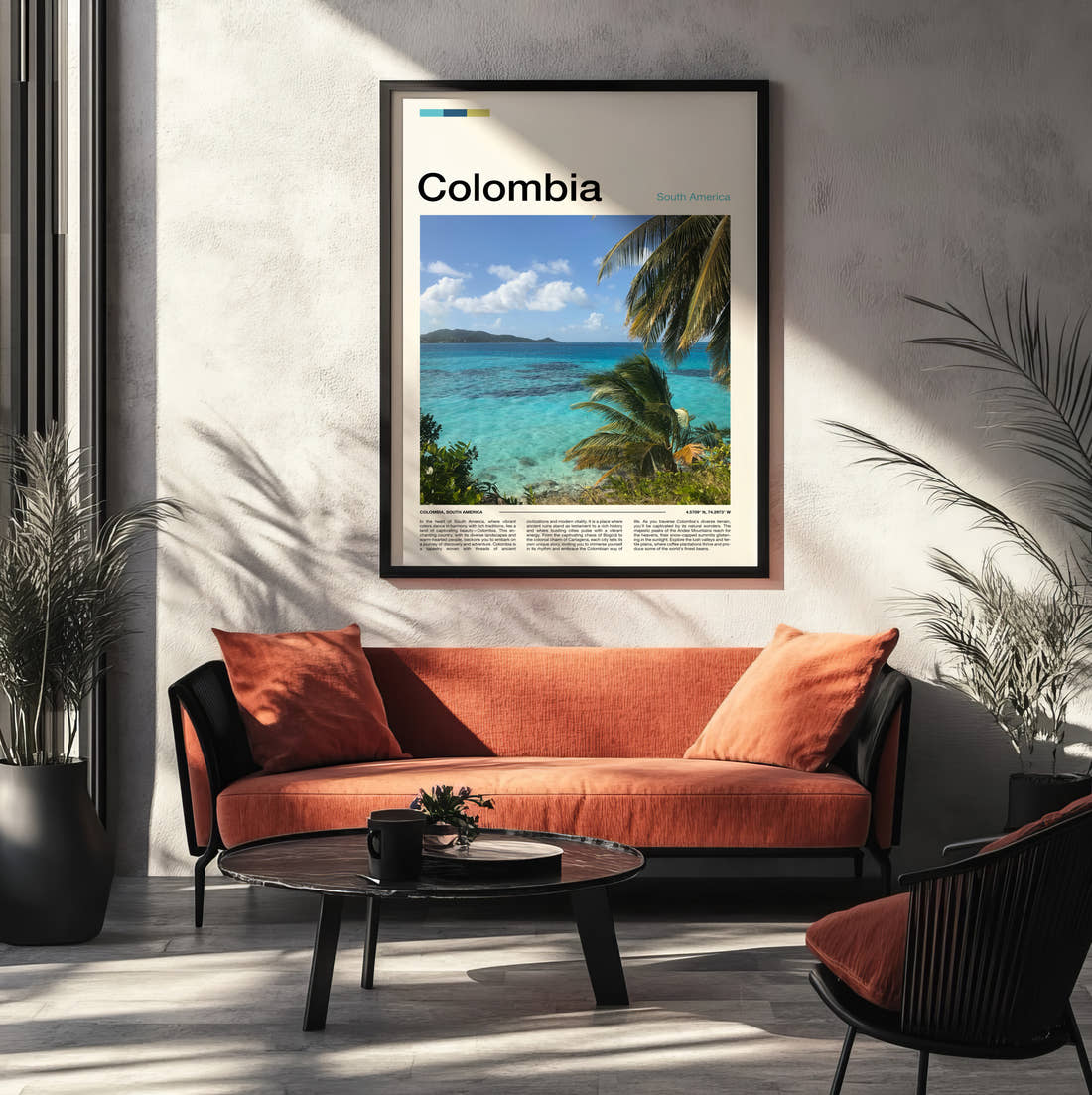 Colombia Palm Fronds Over The Sea Travel Print framed on the wall of a modern living room